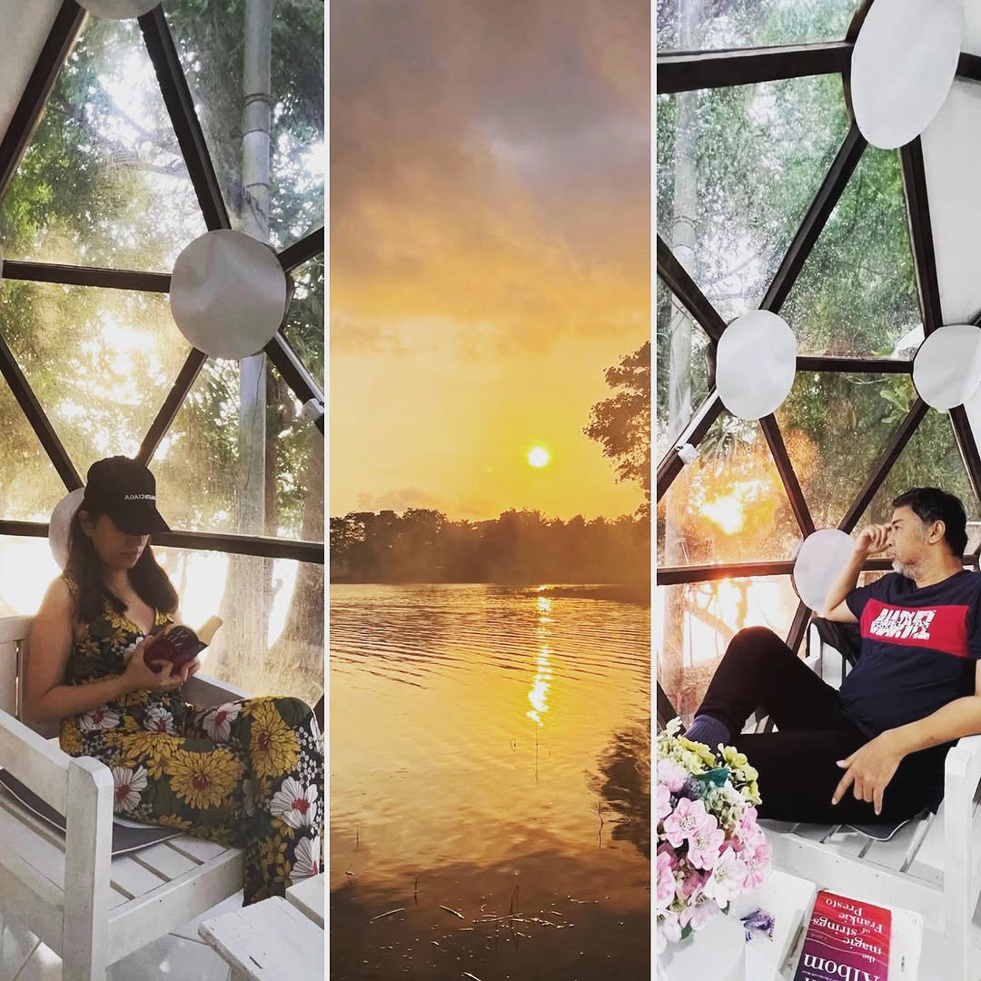 Three-panel collage — dome interior with guests and sunset over the lake