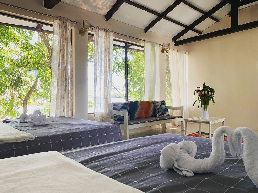 Attic over Pavilion — bright spacious room with two beds and view of trees