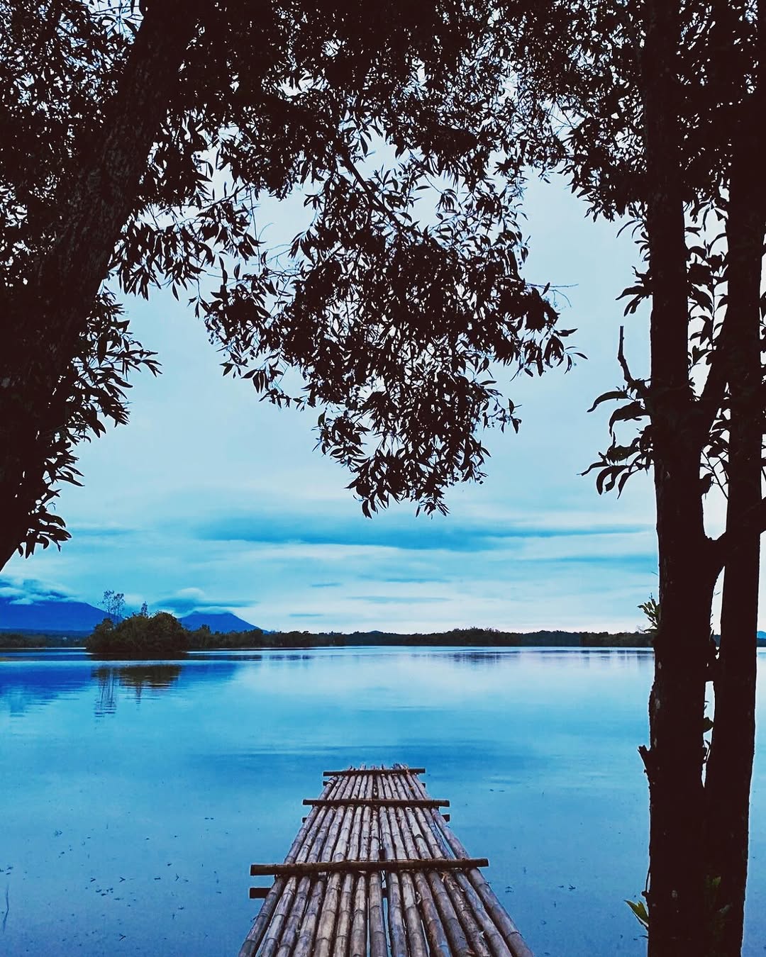 Bamboo jetty extending into the still lake, framed by silhouetted trees at blue hour