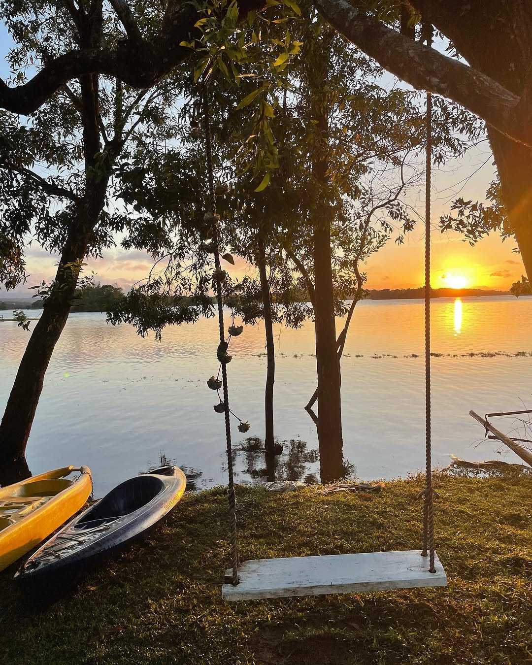 Lakeside sunset with kayaks and rope swing