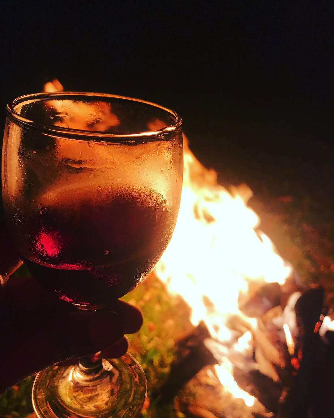 Close-up of a wine glass held up against a roaring campfire at night